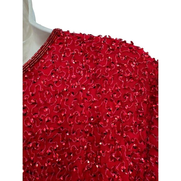 VTG Parisian Room Red Beaded Sequin Sheath Flapper Silk Holiday Party Dress 10 - Picture 8 of 9